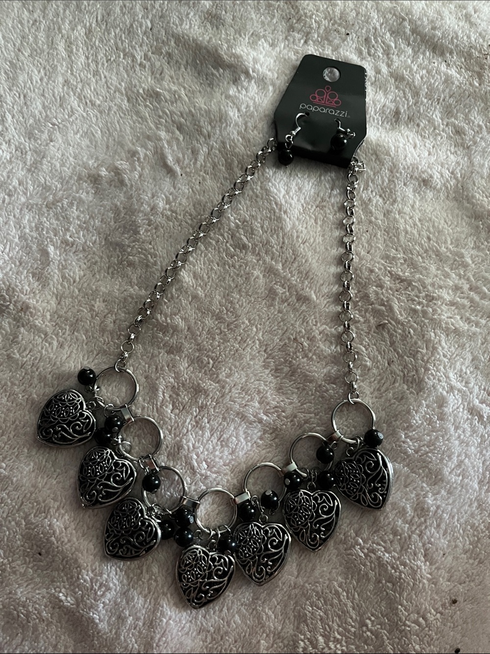 Paparazzi Very Valentine Silver-Tone Filigree Heart Charm Necklace with Black